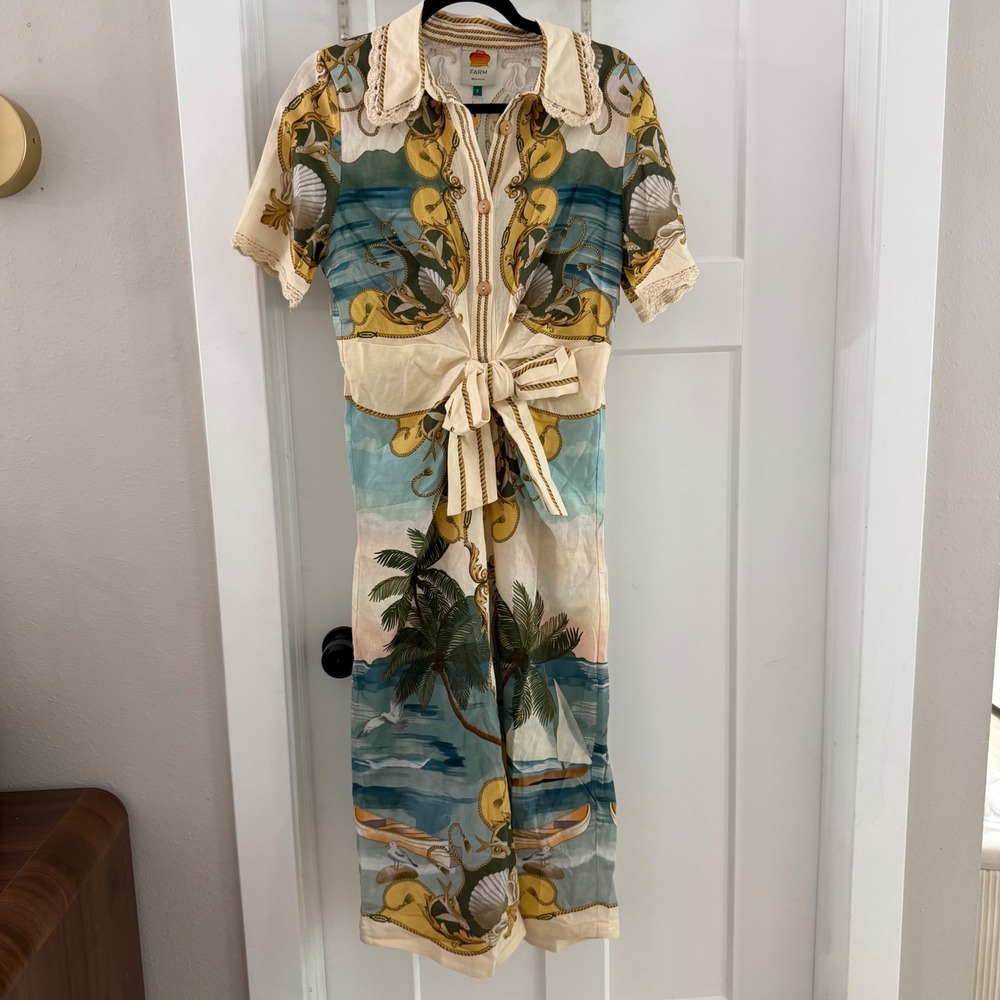 Farm Rio Royal Sea Multicolor Midi Dress Linen Blend Tie Front S Boho Resort NWT